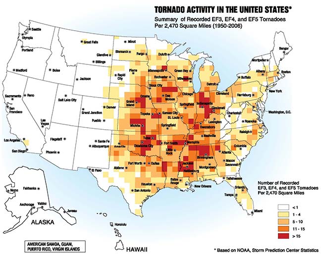 Illustration shows number of recorded tornadoes per 2,470 square miles, color coded by intensity.